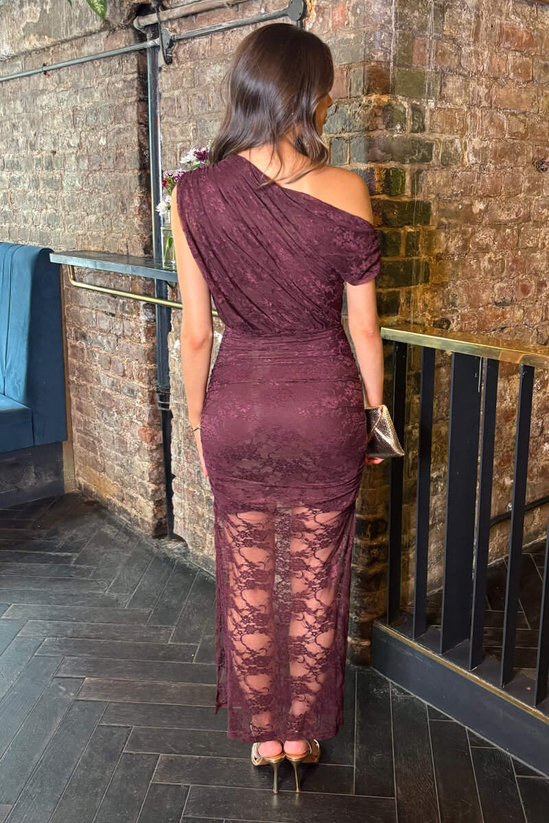 Plum Lace Overlay Off The Shoulder Midi Dress - Image 5