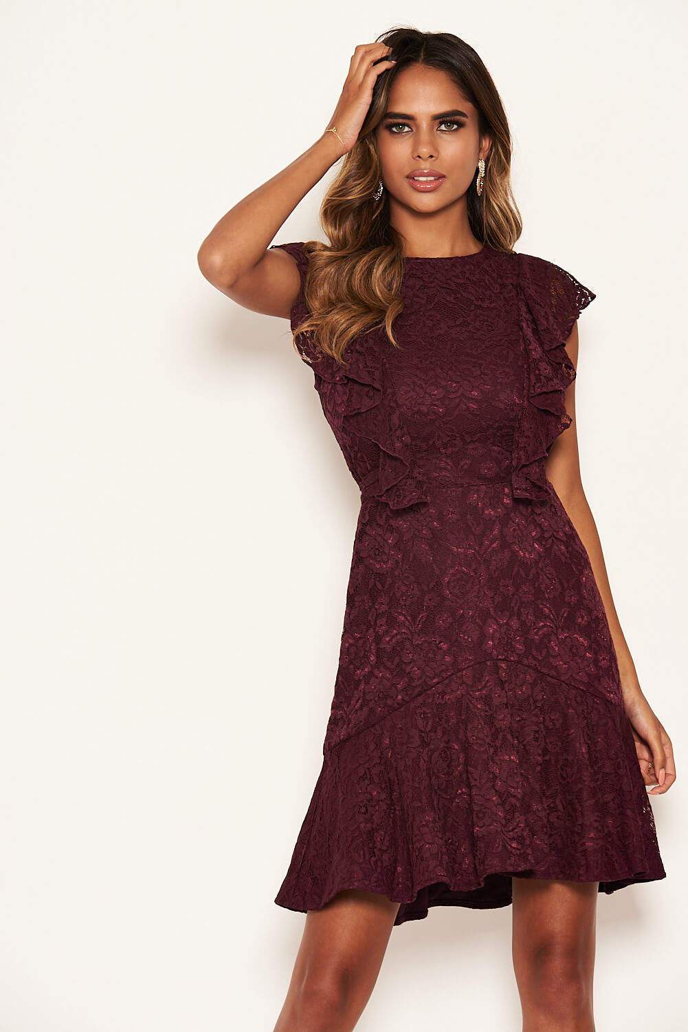 Plum Lace Tie Front Frill Dress - Image 2