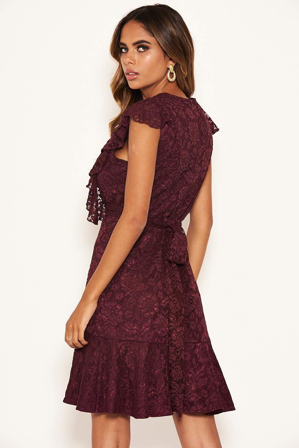 Plum Lace Tie Front Frill Dress - Image 4
