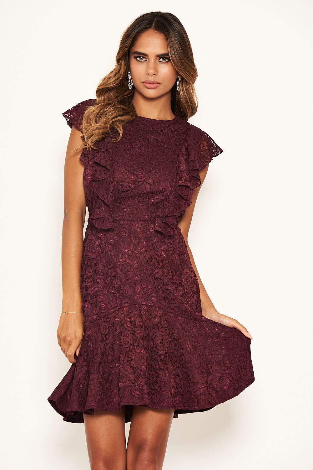 Plum Lace Tie Front Frill Dress - Image 5
