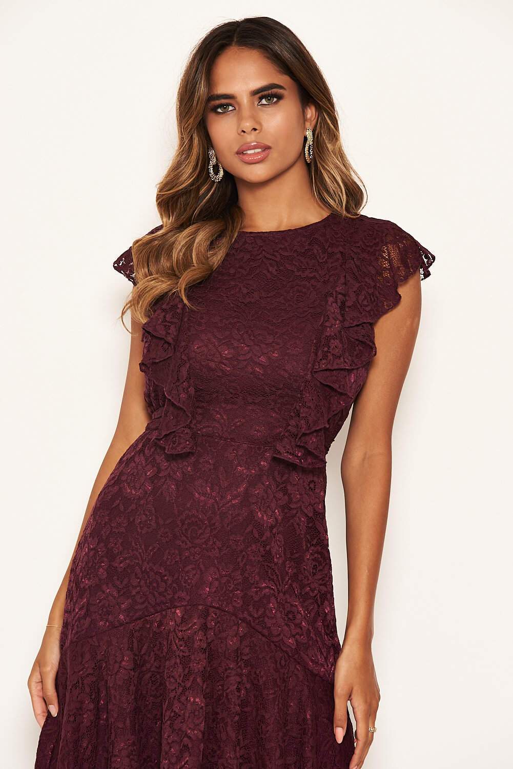 Plum Lace Tie Front Frill Dress - Image 6