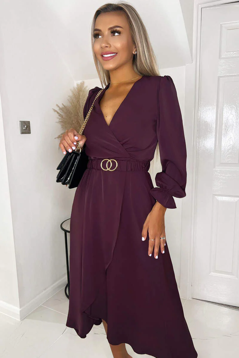 Plum Long Sleeve Belted Midi Dress - Image 3