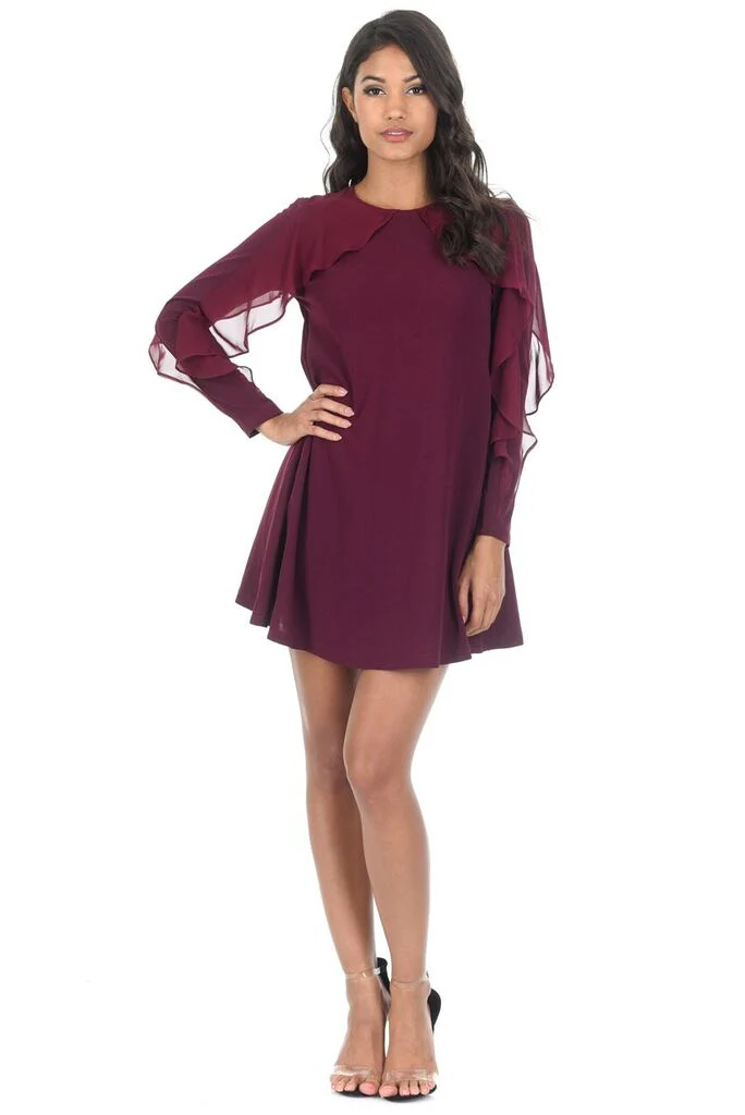 Plum Long Sleeve Frill Detail Swing Dress - Image 2
