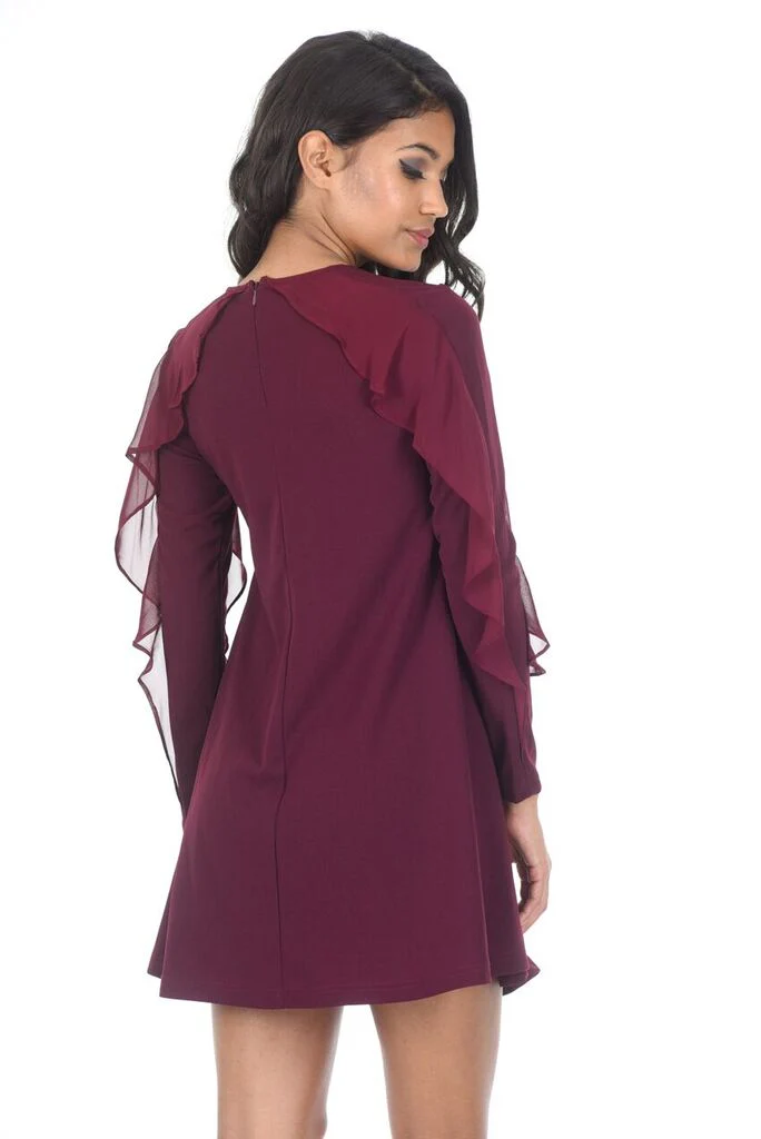 Plum Long Sleeve Frill Detail Swing Dress - Image 3