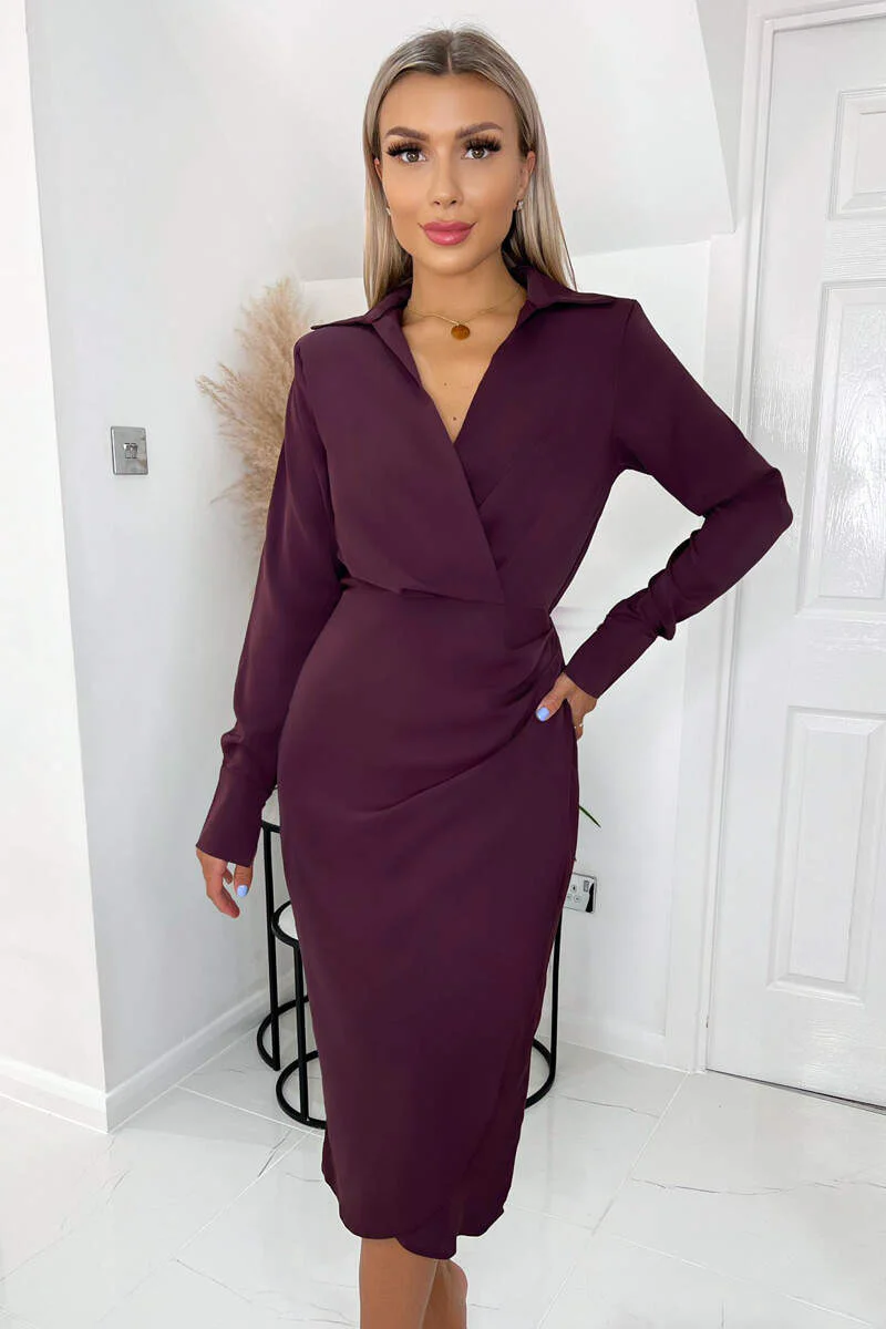 Plum Long Sleeve Midi Dress With Shoulder Pads - Image 2