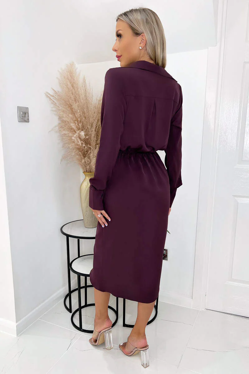 Plum Long Sleeve Midi Dress With Shoulder Pads - Image 4
