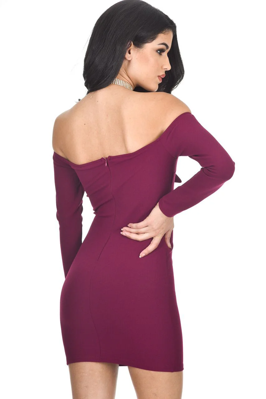 Plum Long Sleeve Off The Shoulder Midi Dress - Image 3