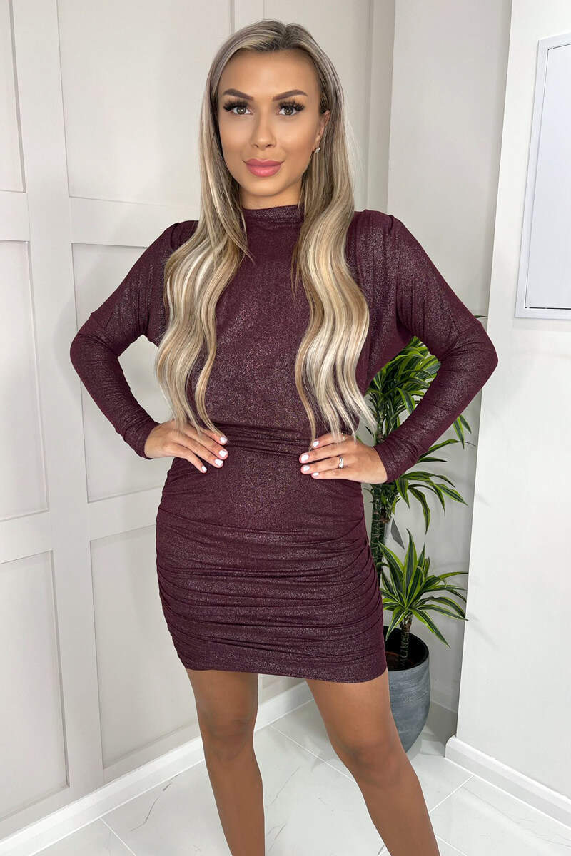 Plum Long Sleeve Ruched High Neck Shimmer Bodycon Mini Dress - Image 2