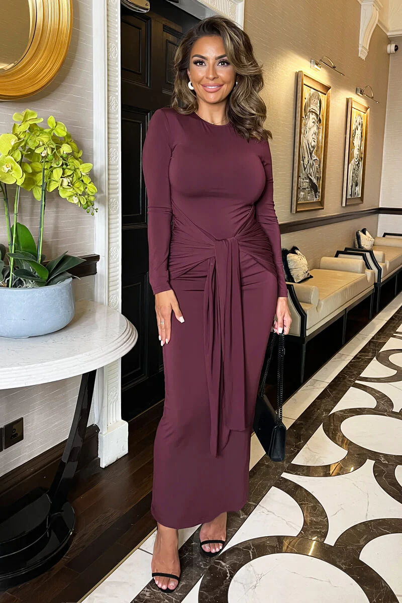 Plum Long Sleeve Sash Bodycon Midi Dress - Image 4