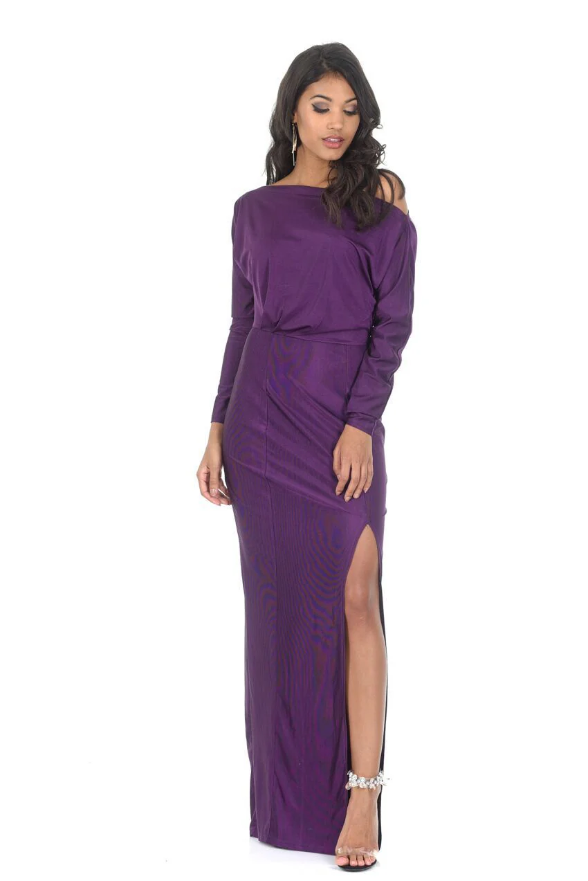 Plum Long Sleeve Thigh Split Maxi Dress - Image 2