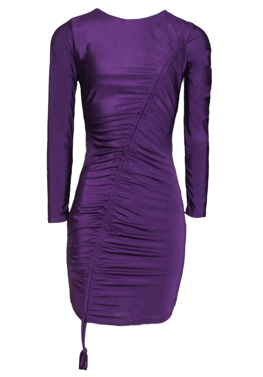 Plum Long Sleeved Ruched Dress - Image 4
