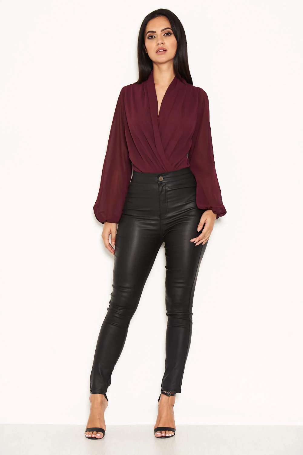 Plum Mesh Detail Sleeved Bodysuit - Image 2