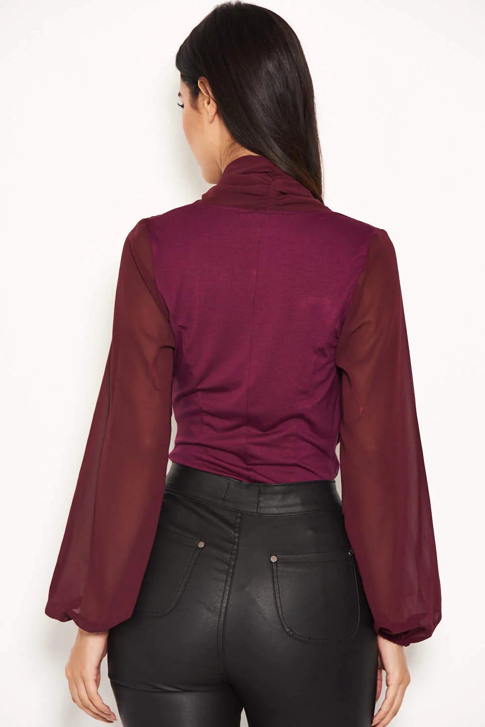 Plum Mesh Detail Sleeved Bodysuit - Image 3