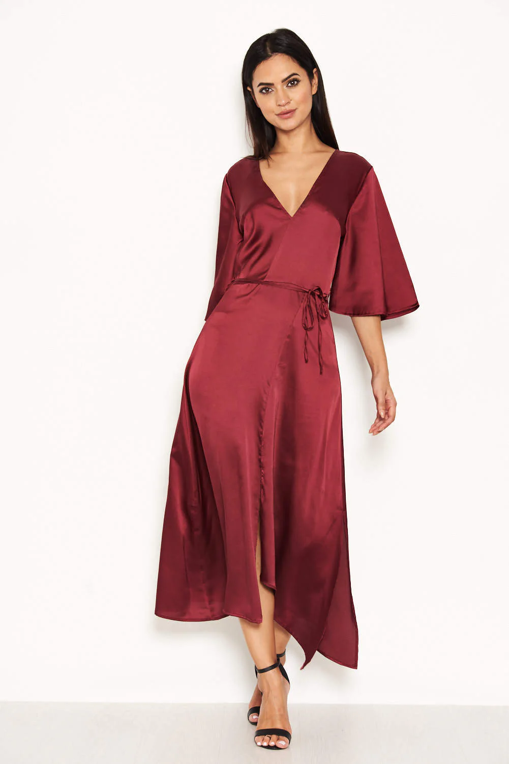 Plum Midi Dress With Ruffle Sleeves And Tie Waist - Image 2