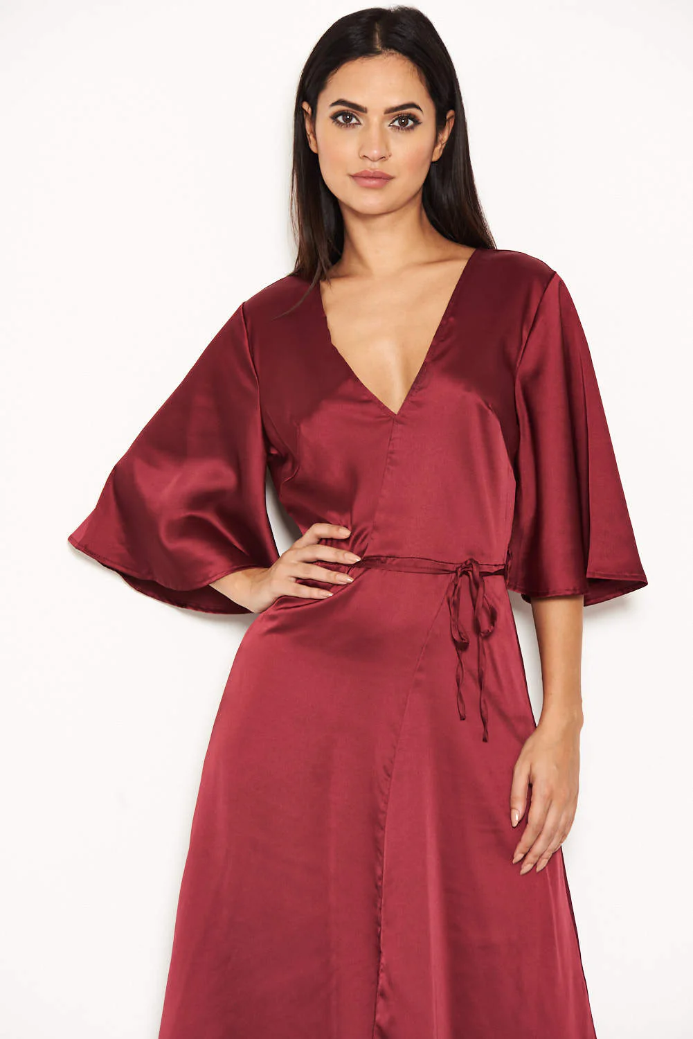 Plum Midi Dress With Ruffle Sleeves And Tie Waist - Image 4