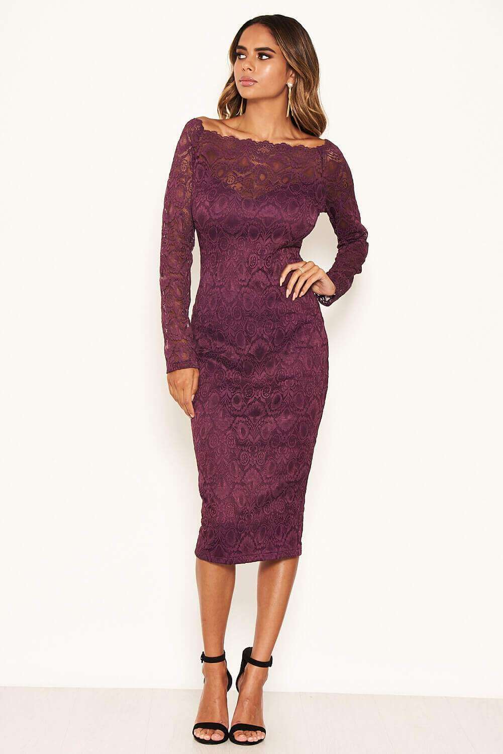 Plum Off The Shoulder Lace Dress - Image 2