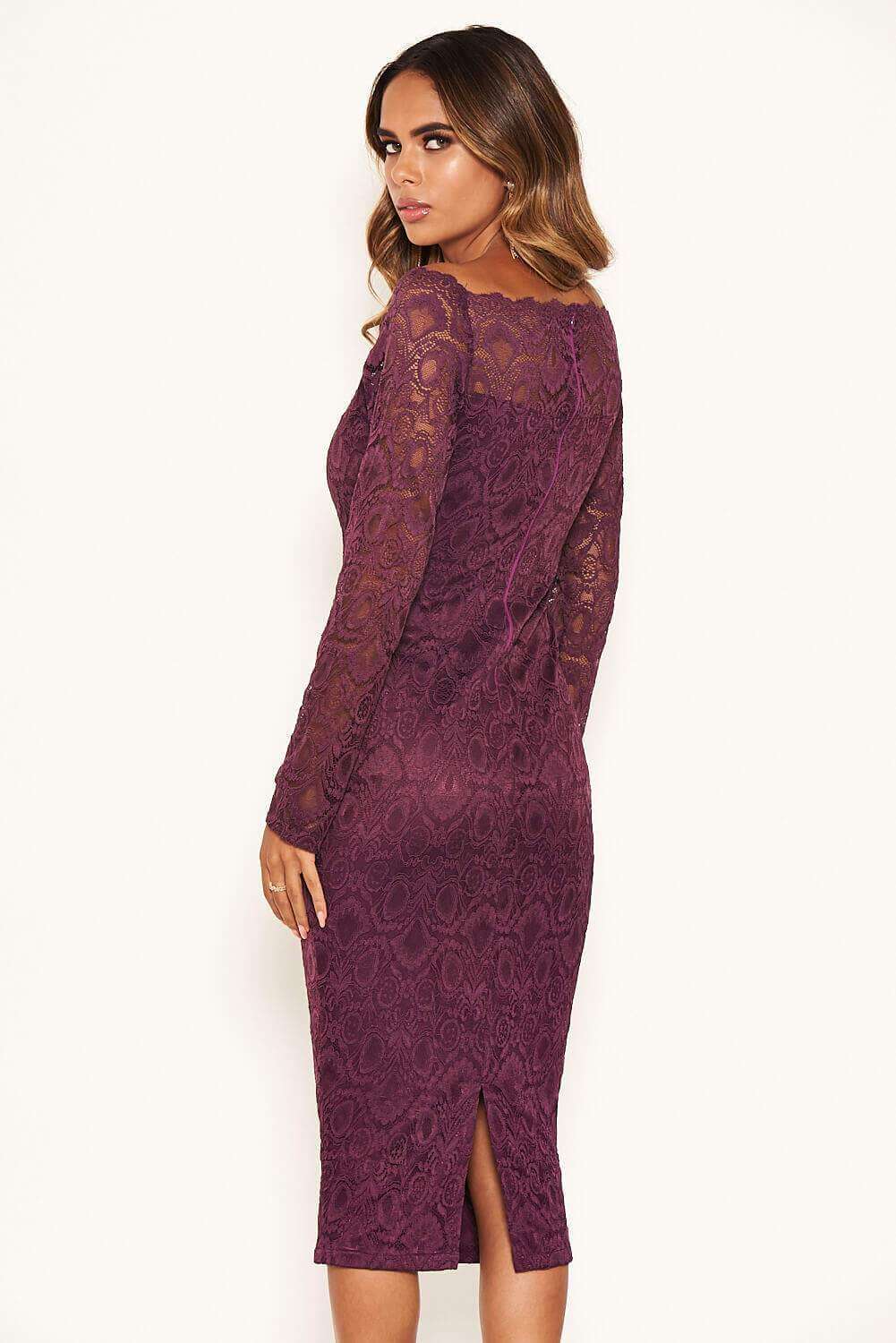 Plum Off The Shoulder Lace Dress - Image 3