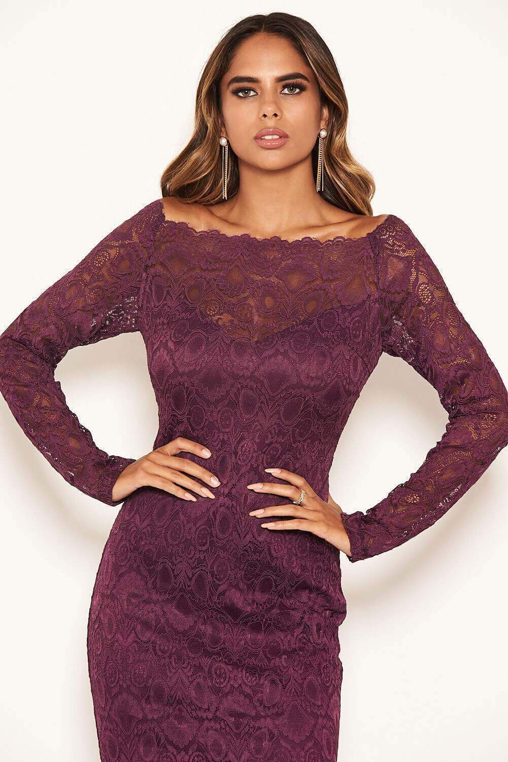 Plum Off The Shoulder Lace Dress - Image 5