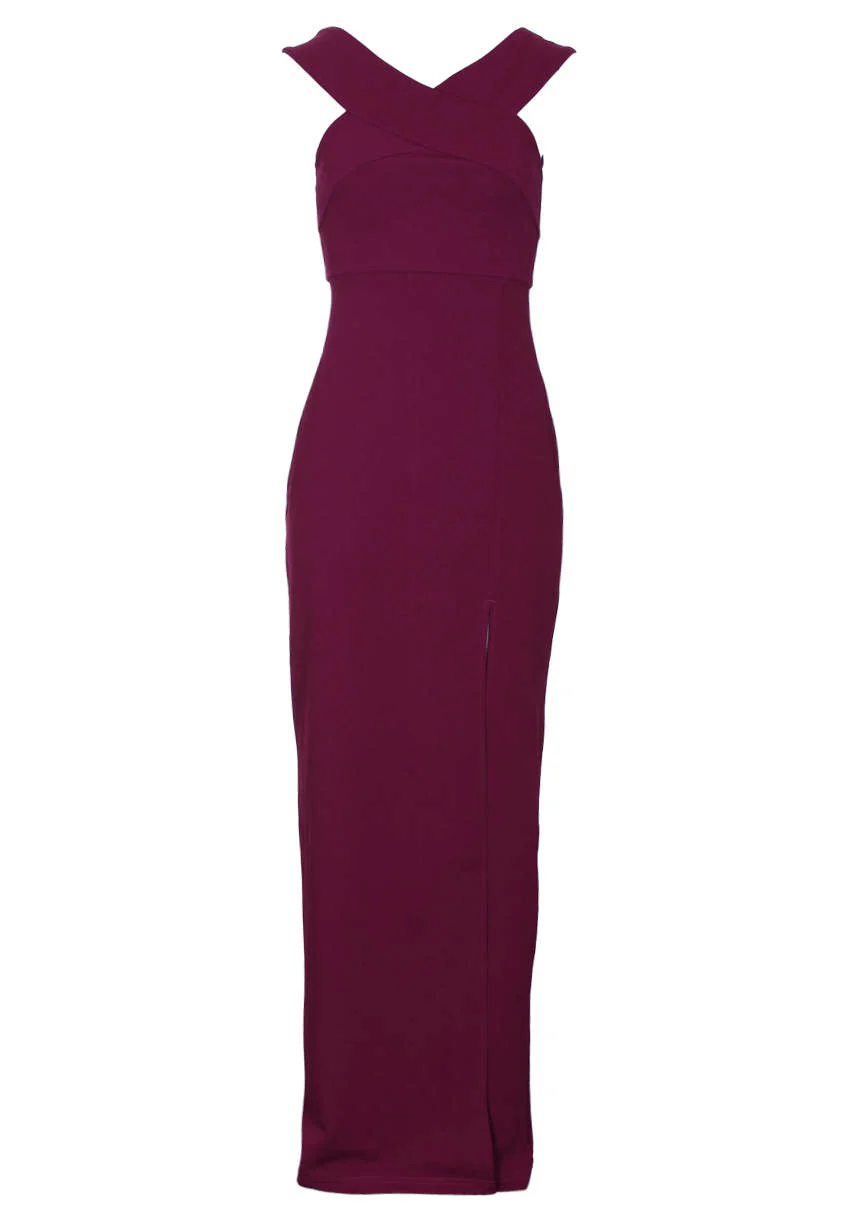 Plum Off The Shoulder Side Split Maxi Dress - Image 4