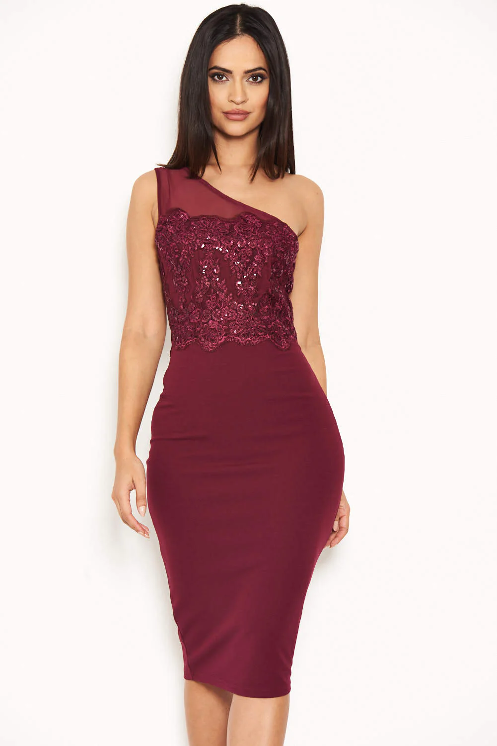 Plum One Shoulder Sequin Embroidered Bodycon - Image 2