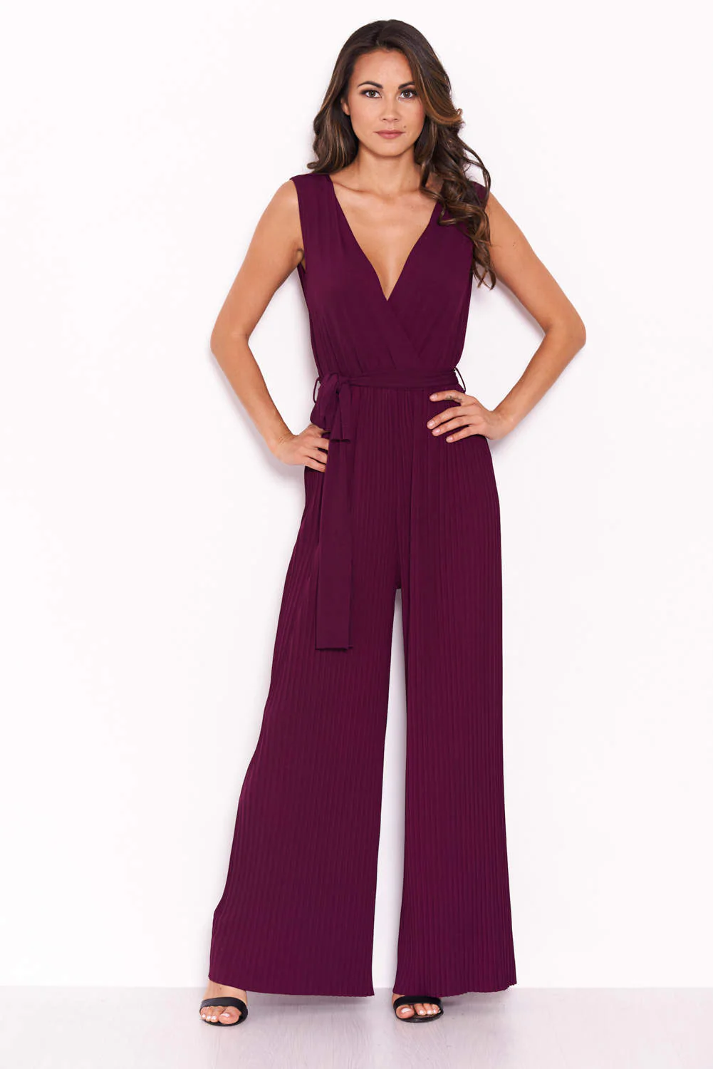 Plum Pleated Tie-Waist Jumpsuit - Image 2