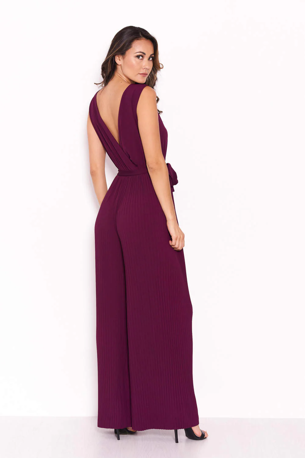 Plum Pleated Tie-Waist Jumpsuit - Image 3