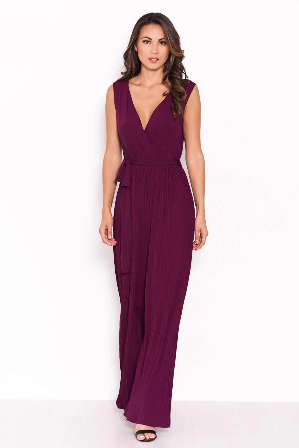 Plum Pleated Tie-Waist Jumpsuit - Image 4
