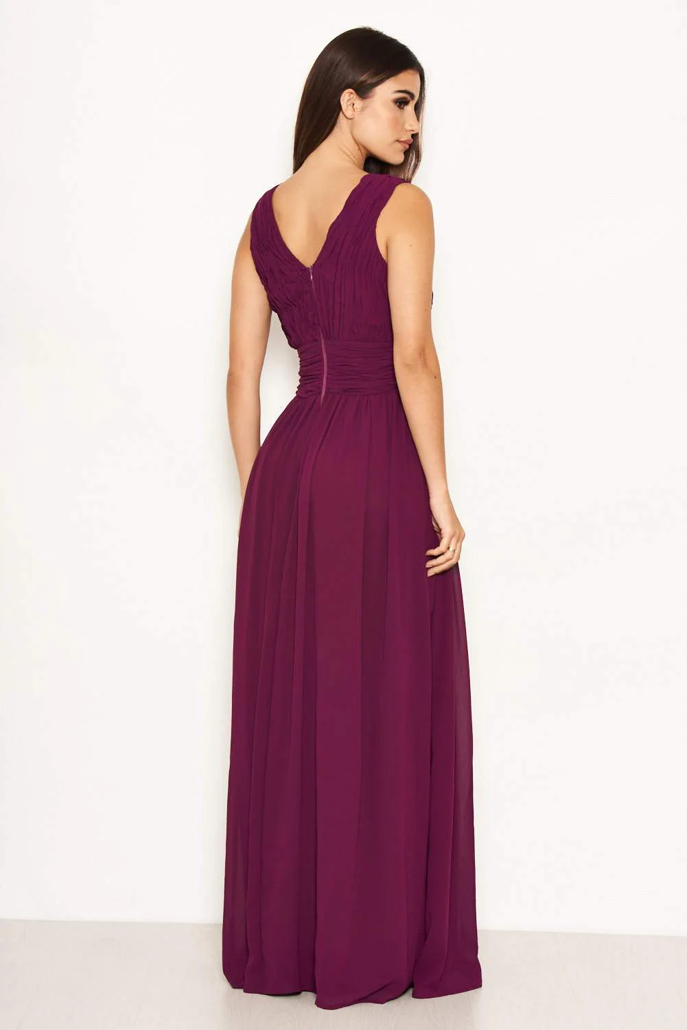 Plum Pleated V Neck Maxi Dress - Image 3