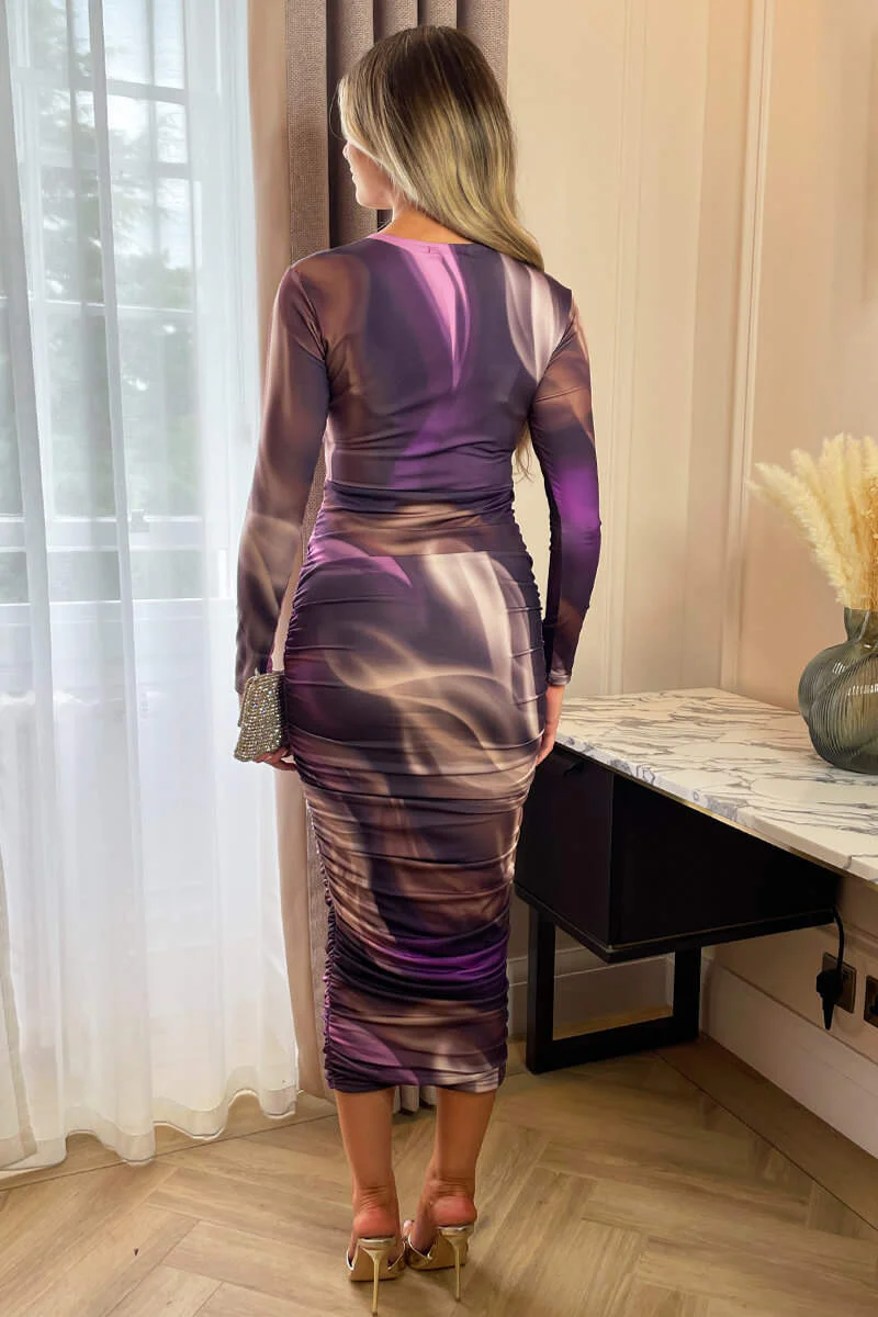 Plum Printed Long Sleeve Ruched Bodycon Midi Dress - Image 3