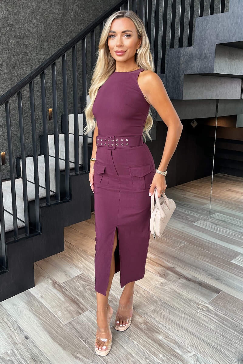 Plum Round Neck Belted Bodycon Cargo Midi Dress - Image 3