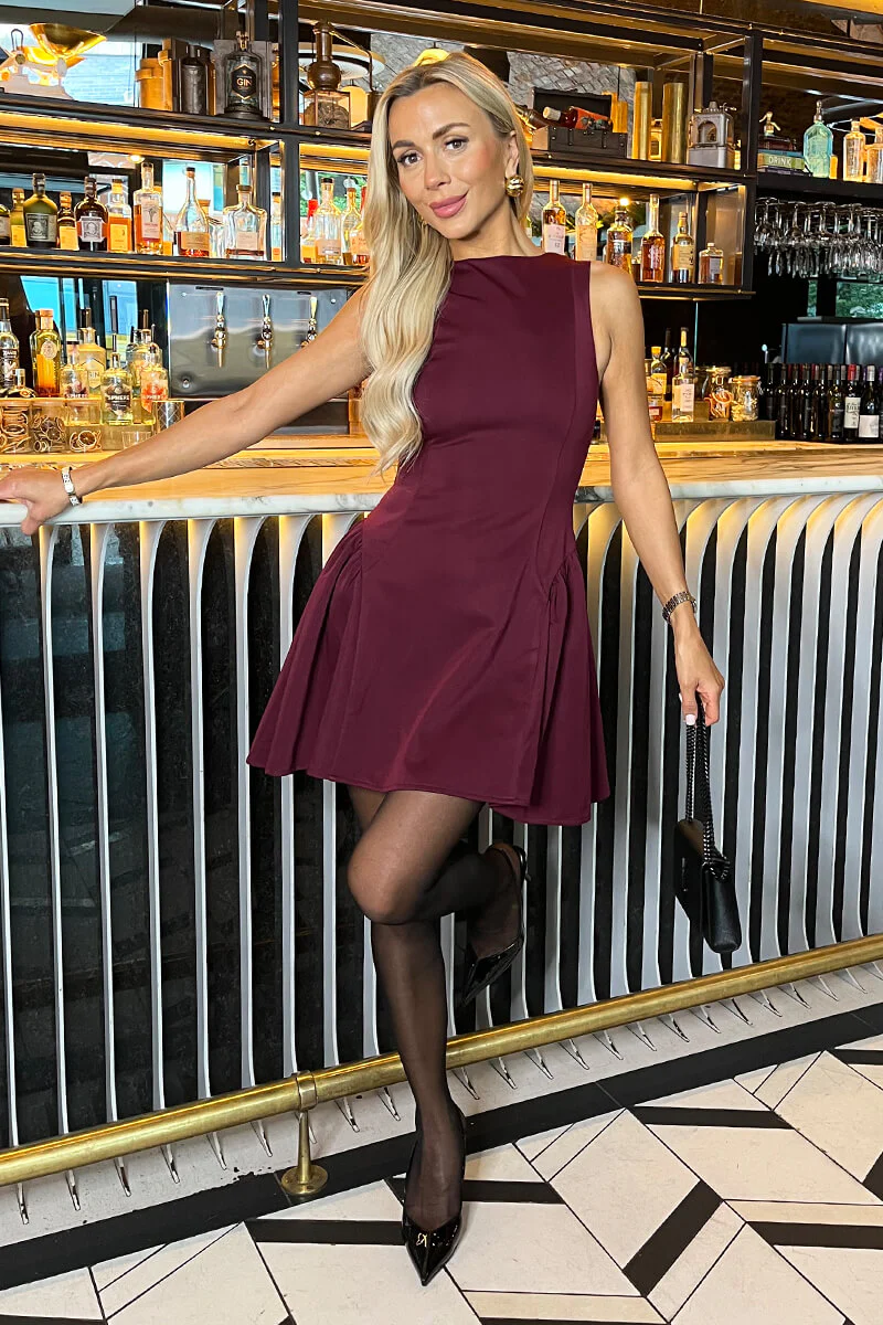 Plum Round Neck Pleated Hip Mini Dress - Image 2