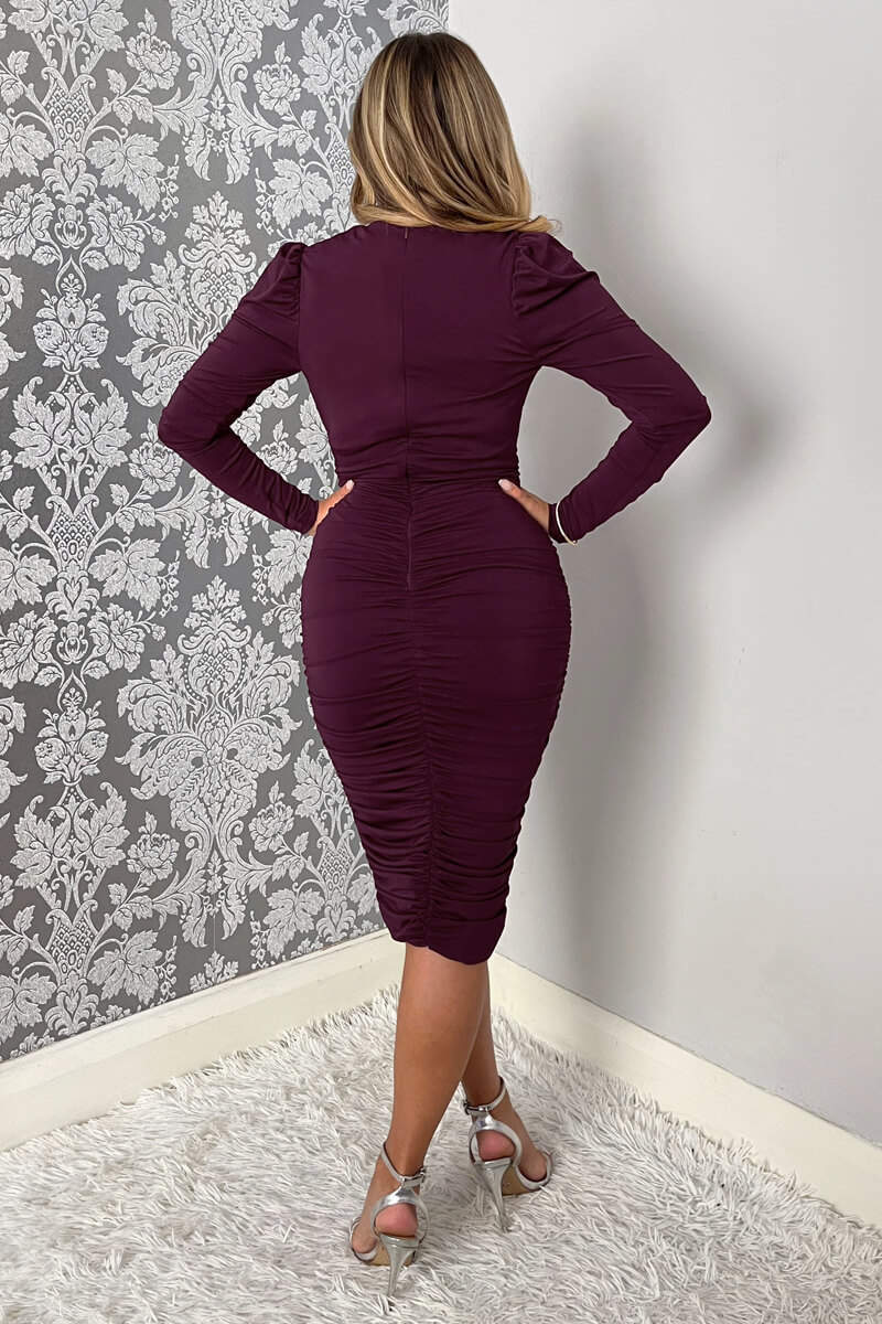 Plum Ruched Long Sleeve Cross Front Midi Dress - Image 2