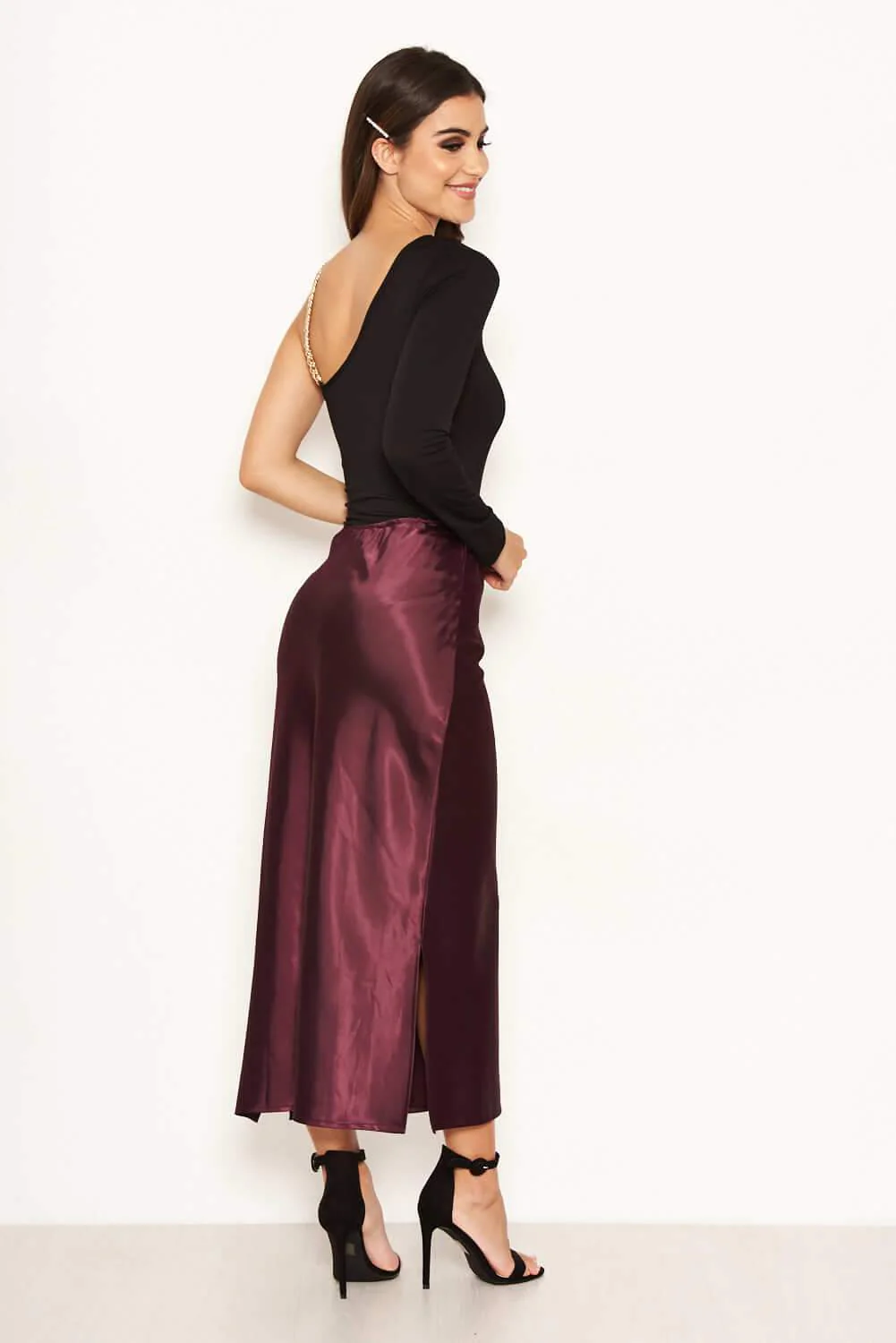 Plum Satin Midi Skirt - Image 3