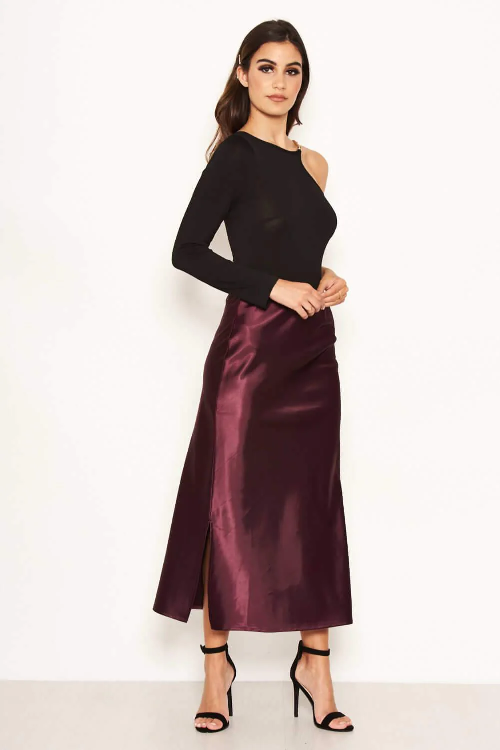 Plum Satin Midi Skirt - Image 4