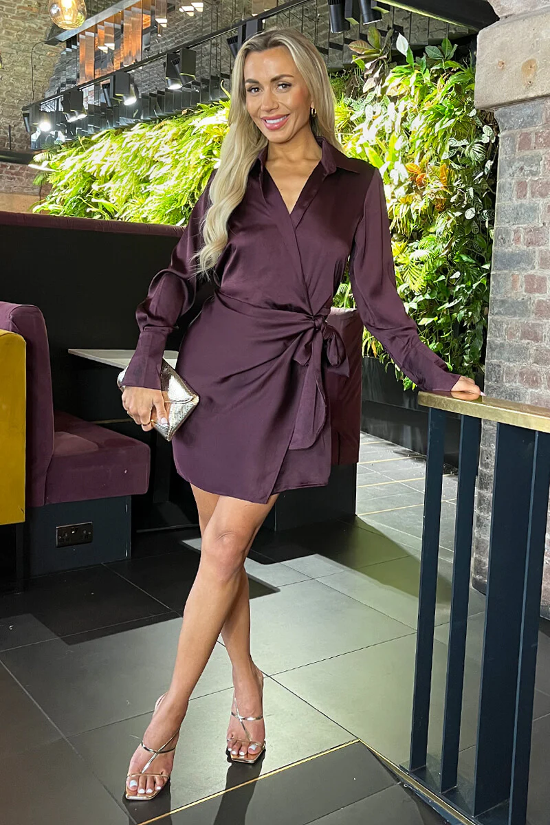 Plum Satin Tie Waist Wrap Shirt Mini Dress - Image 2