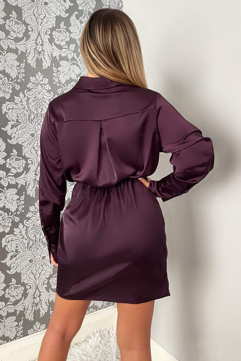 Plum Satin Wrap Shirt Dress - Image 4