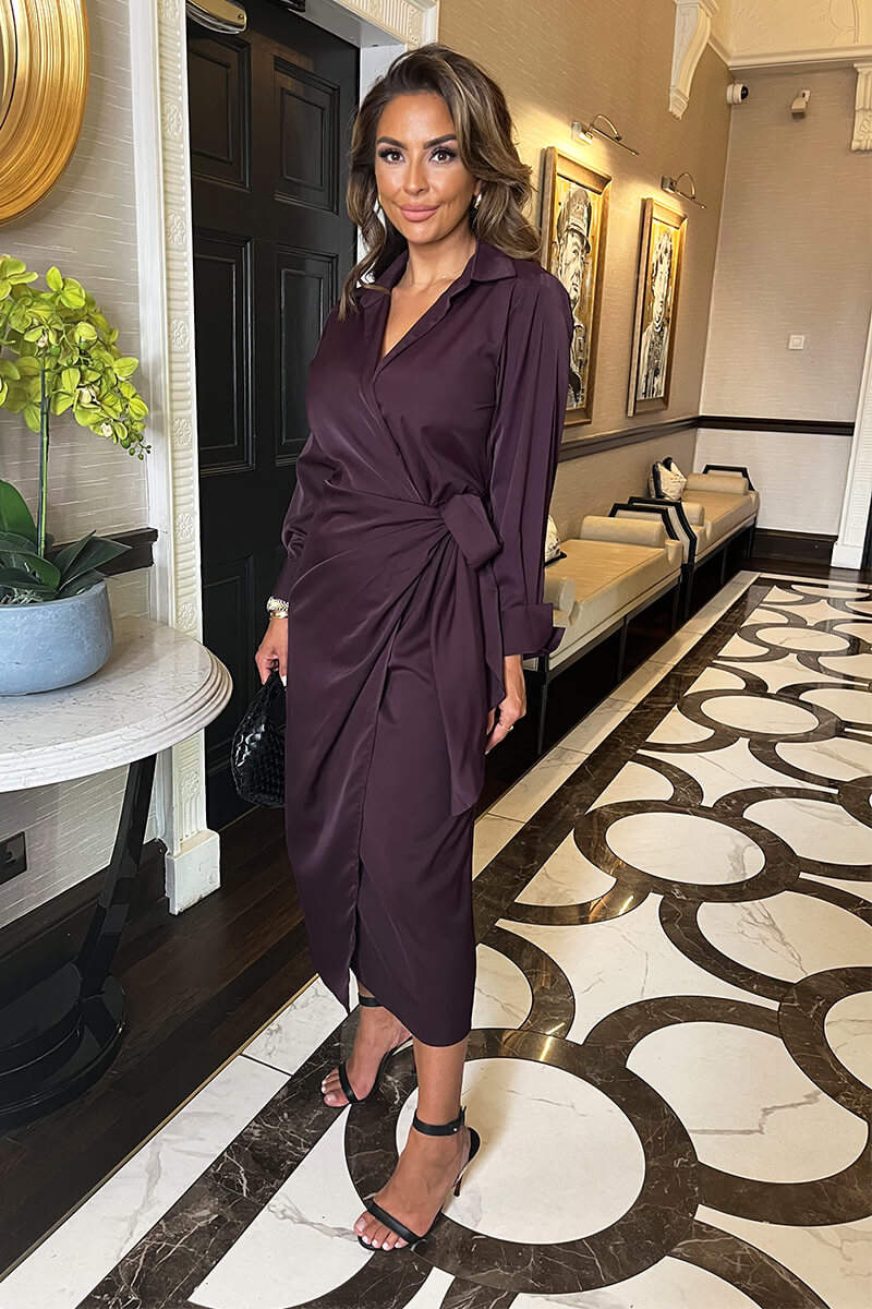 Plum Side Tie Waist Wrap Midi Dress - Image 4