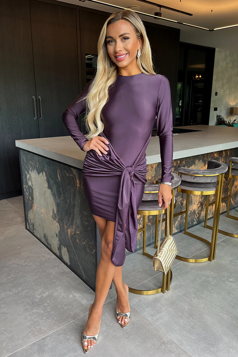 Plum Slinky Long Sleeve Sash Bodycon Mini Dress - Image 3