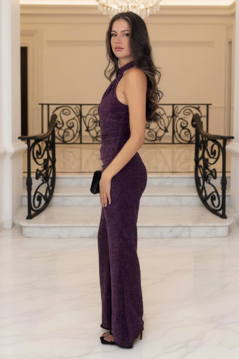 Plum Sparkle Halter Neck Draped Waist Jumpsuit - Image 4