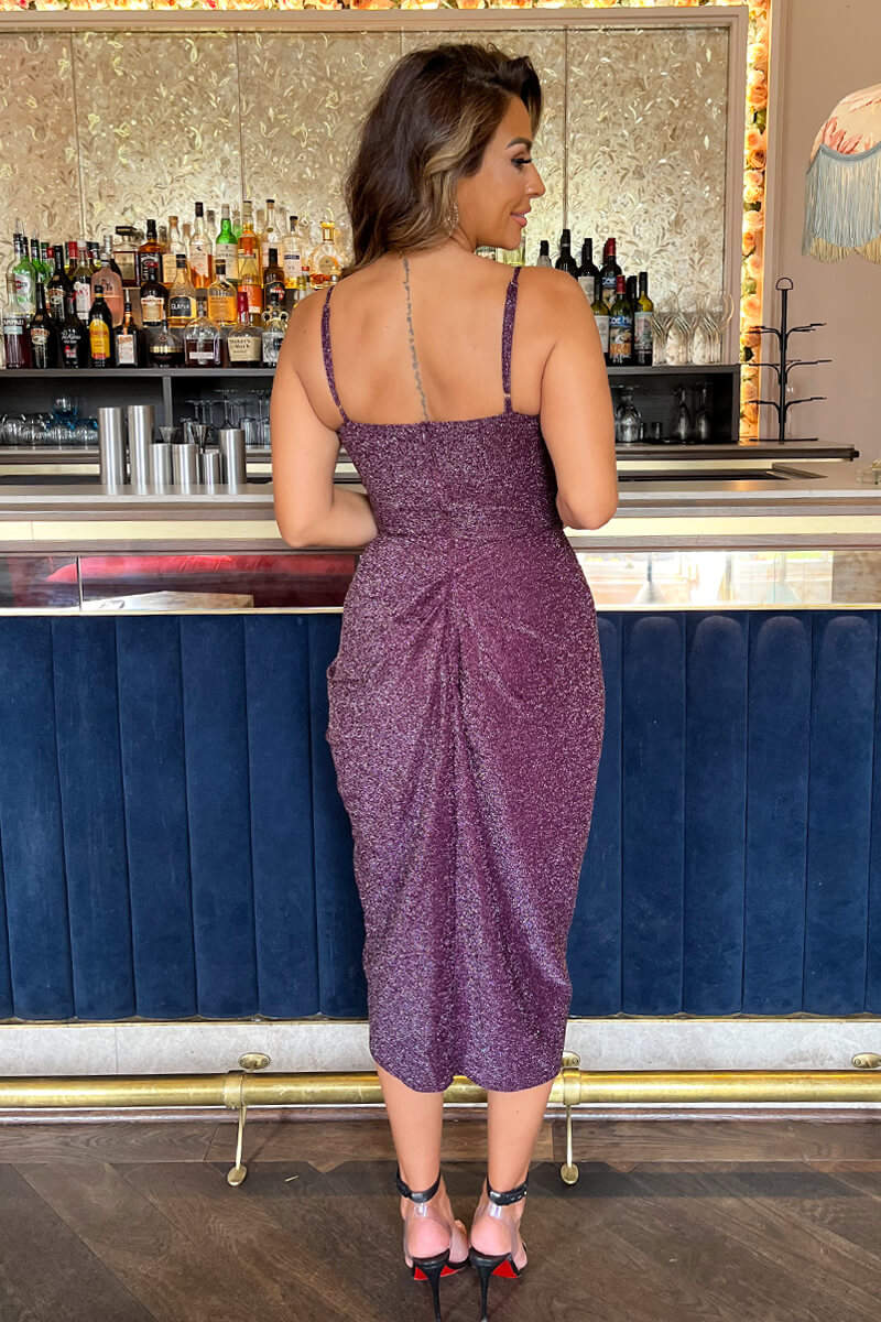 Plum Sparkle Strappy Wrap Top Gathered Skirt Midi Dress - Image 5