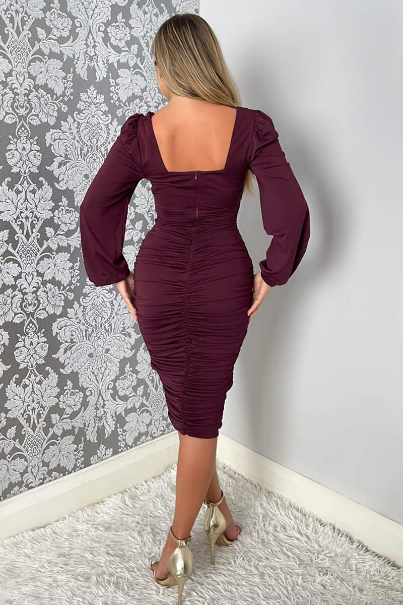 Plum Square Neck Ruched Long Sleeve Midi Dress - Image 4