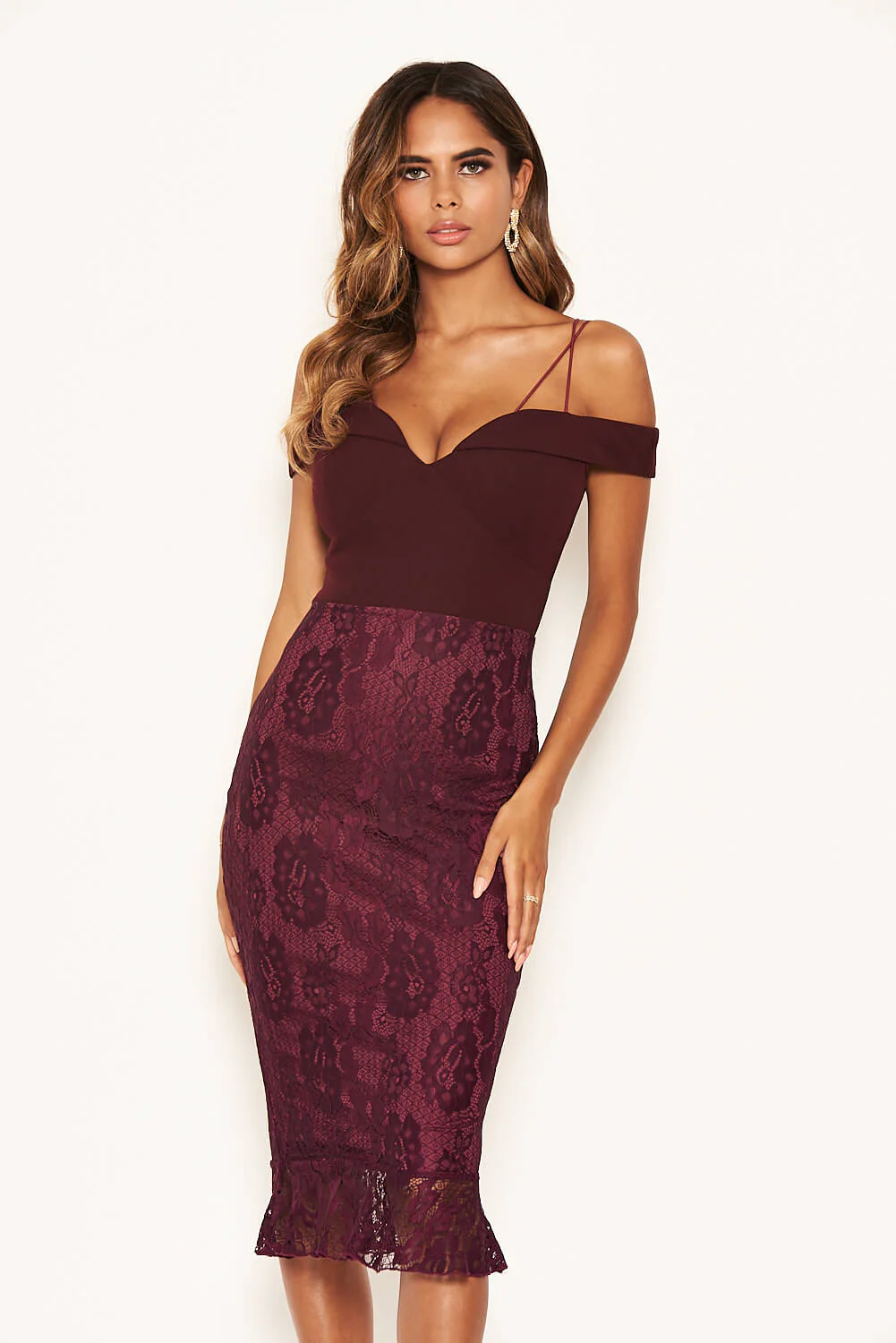 Plum Strappy Lace Skirt Frill Hem Dress - Image 2