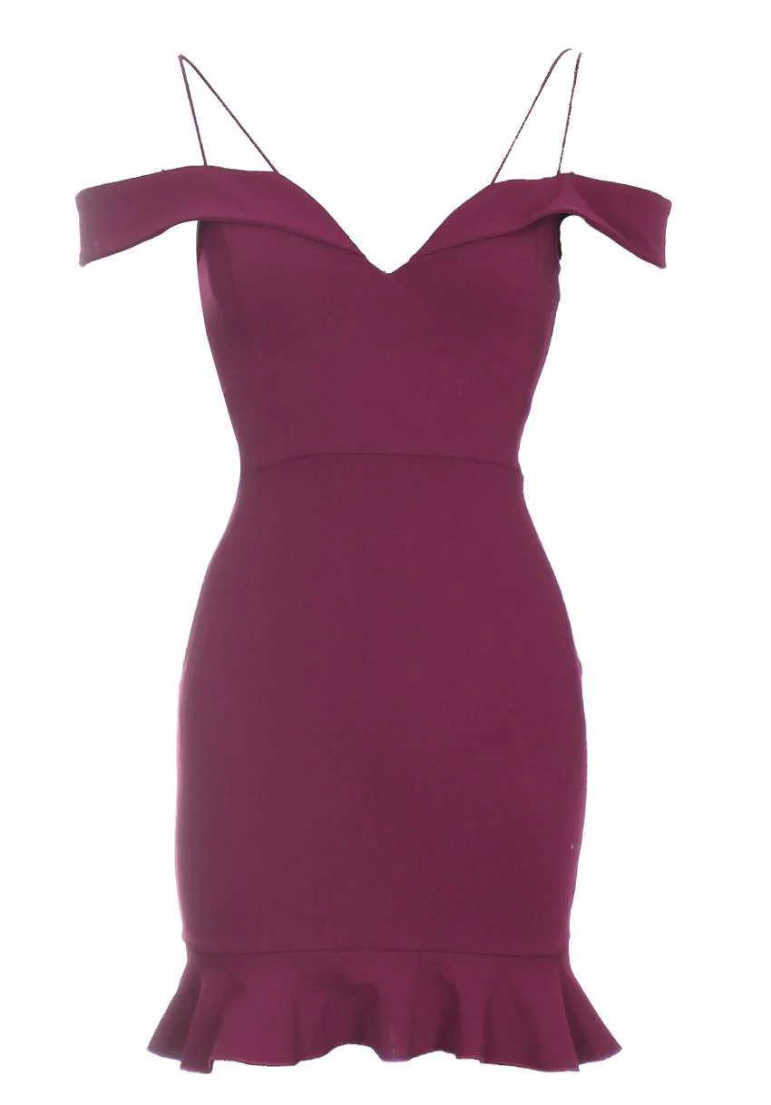 Plum Strappy Off The Shoulder Frill Mini Dress - Image 4