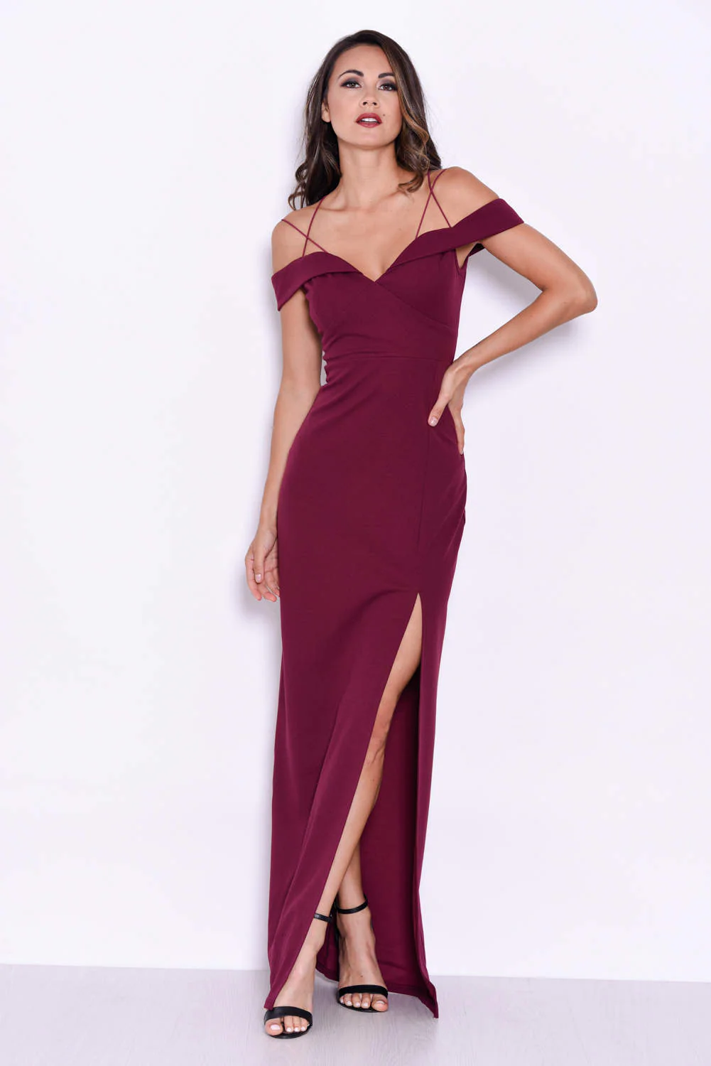 Plum Strappy Off The Shoulder Side Split Maxi Dress - Image 2