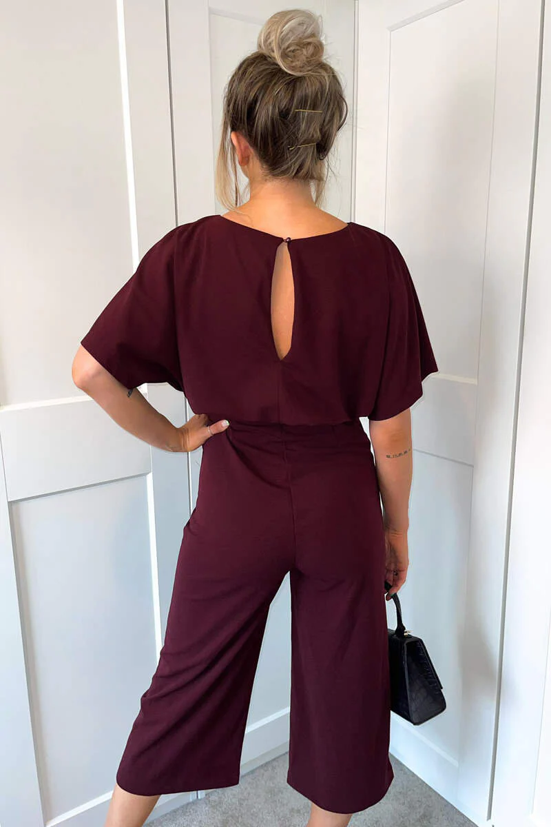 Plum Tie Waist Short Sleeve Culotte Jumpsuit - Image 4