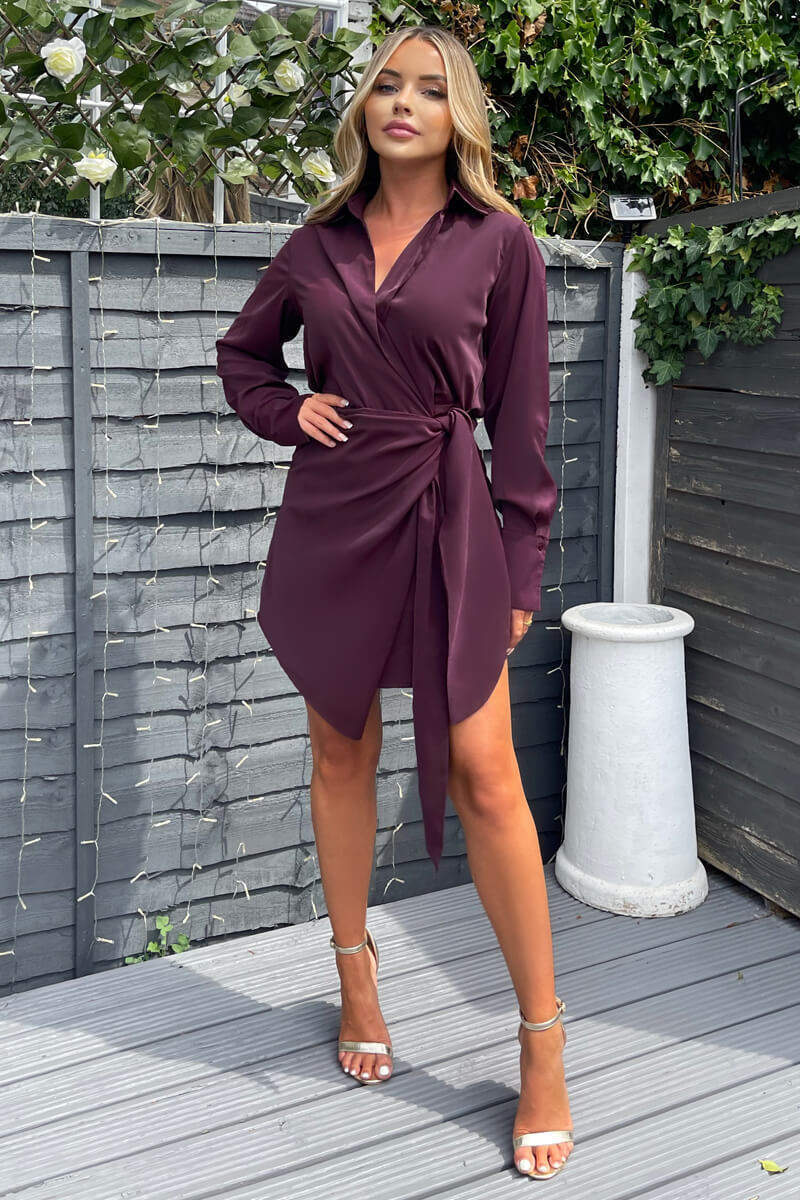 Plum Tie Wrap Long Sleeve Mini Dress - Image 2