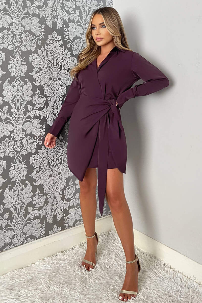 Plum Tie Wrap Long Sleeve Mini Dress - Image 3