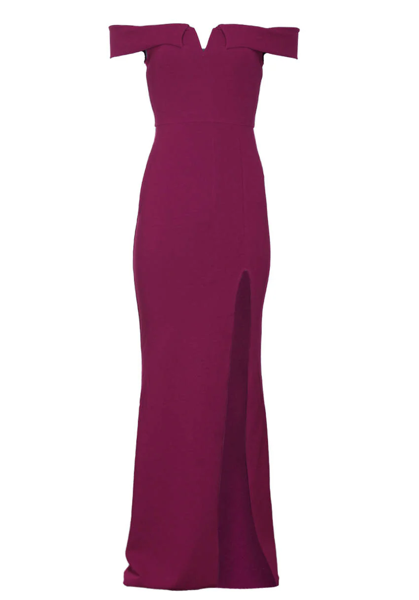 Plum V Front Bardot Side Split Maxi Dress - Image 4