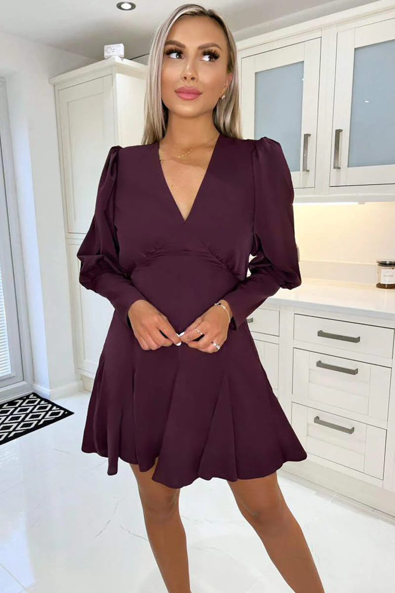 Plum V-Neck Long Sleeve Skater Dress - Image 3