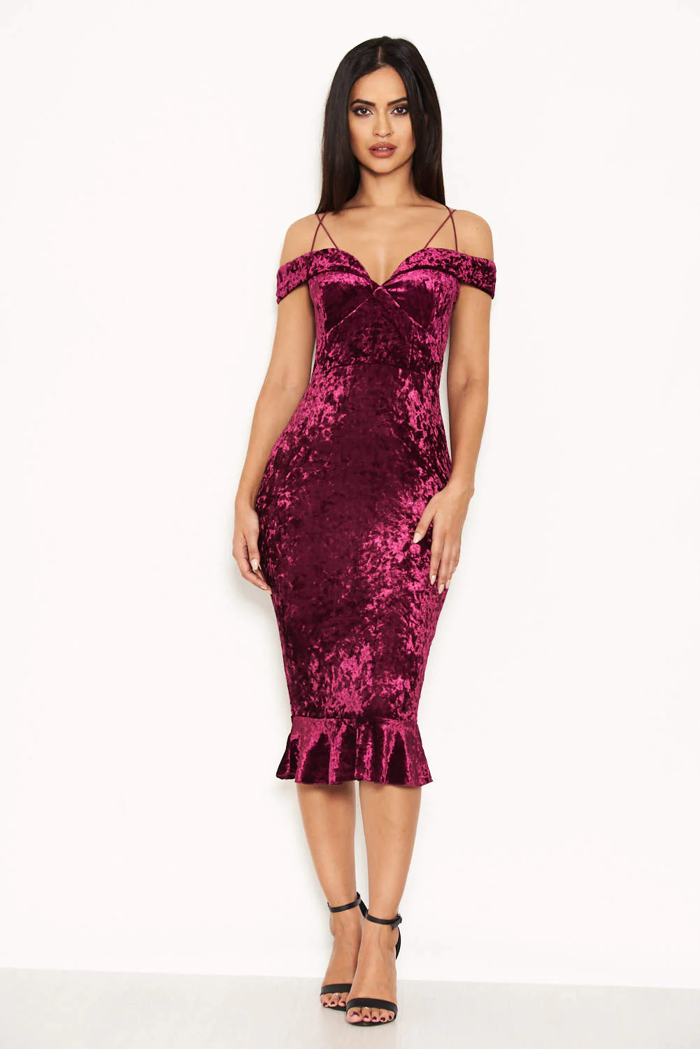 Plum Velvet Off The Shoulder Midi Dress With Frill Hem - Image 2